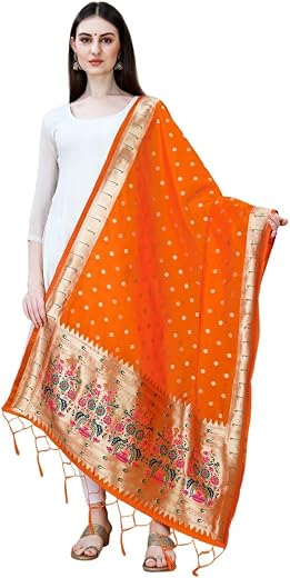 Women's Woven Banarasi Silk Paithani Dupatta/Chunni with Thread Work and Zari Motifs - Fancy Chunni for Women and Girls - ...