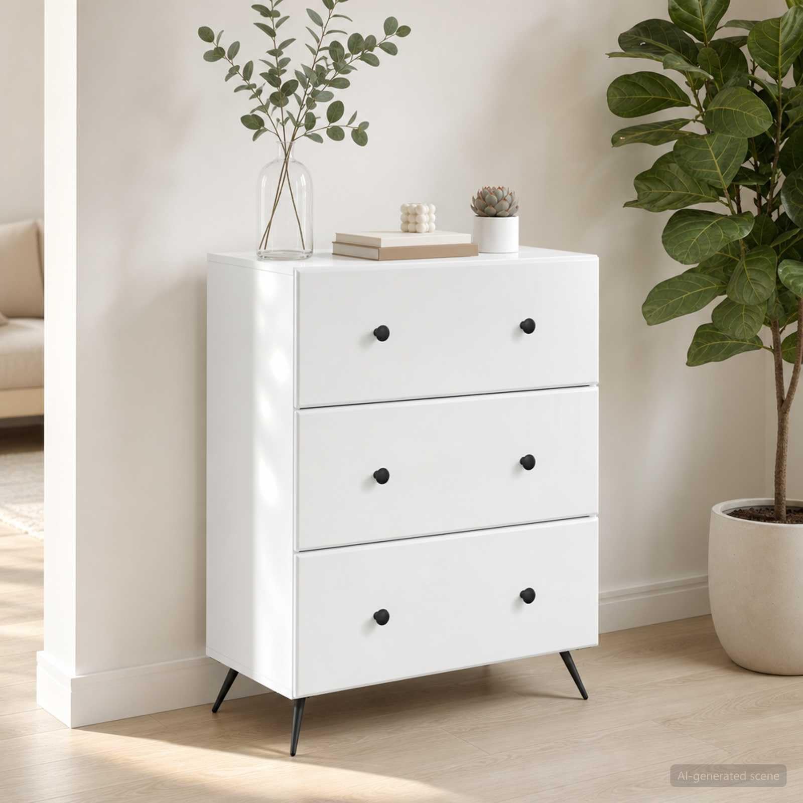 Cassettiera bianca, 66 x 34,5 x 90 cm, in legno, 3 cassetti, telaio in metallo, serratura per ordine in ufficio, camera da letto, corridoio