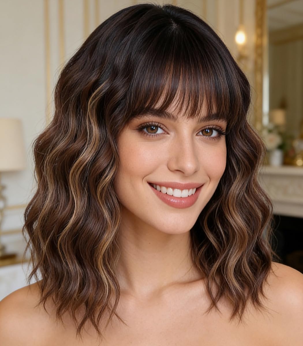 WAVE&BREEZE Brown Highlight Blonde Wig with Bangs Short Curly Bob Wigs for Women 14 Inch Shoulder Length Natural Looking Hair Replacement Wigs for