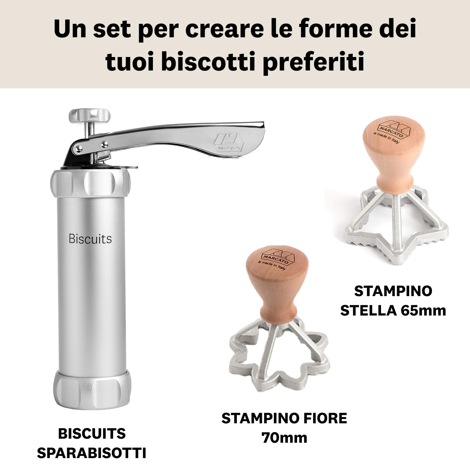 Plätzchen Zubereitungsset, Backzubehör, Plätzchenspritze + 20 Aufsätze + 1 Sternform + 1 Blumenform, Qualitätsmaterialien, Made in Italy