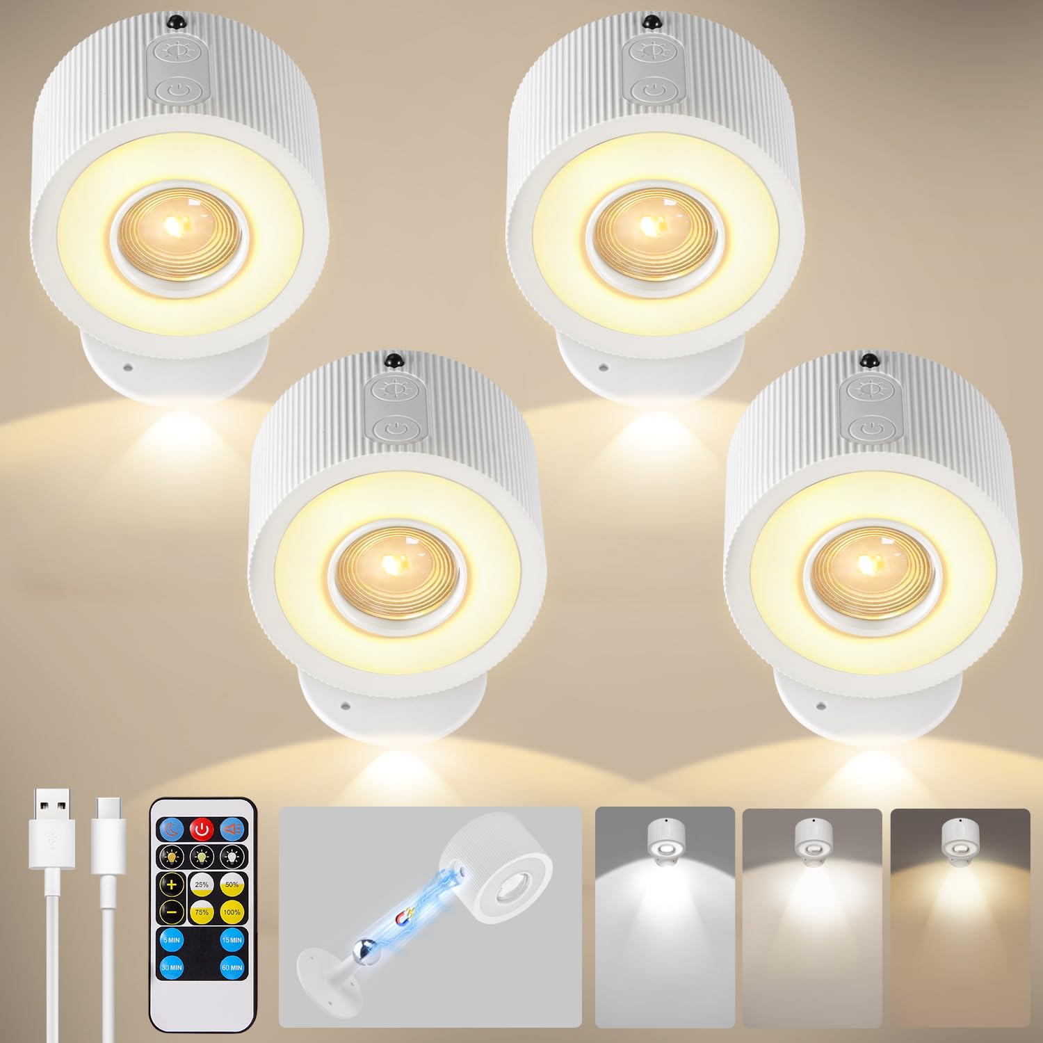milfra 4 Piezas Apliques Pared Interior,Lámpara de Pared LED con Puerto de Carga USB Control Táctil,3 Temperaturas y Brillo Ajustable Lámparas de Pared Inalámbricas para Lectura de Cabecera,Blanco