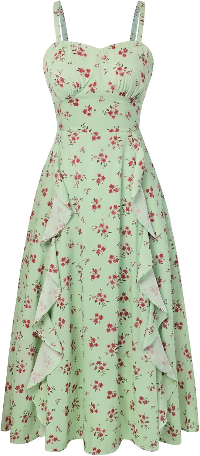 Belle Poque Sun Dresses for Women Spring Summer Floral Midi Flowy Spaghetti Ruffle Wedding Guest Tea Party Dress