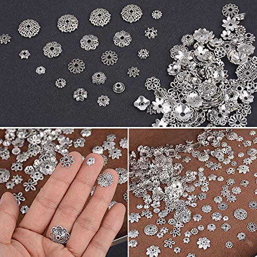 JNCH 100g 6-10mm Coupelle Perle Argent Antique Tibétain Métal Calottes Fleur Caps Chapeaux de Perles Intercalaires Cônes Mixte pour Breloque Création Bijoux DIY Collier Bracelet