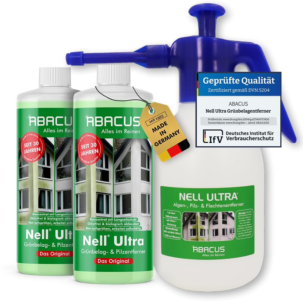 ABACUS® Nell Ultra Grünbelagentferner & Algenentferner Konzentrat, extrem stark! Entfernt Grünbelag & Algen selbsttätig ohne zu Schrubben – Grünbelagentferner 2x 1000ml mit Sprühflasche – Set S