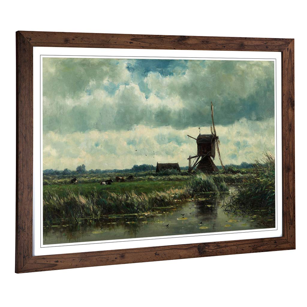Big Box Art Framed Print of Willem Roelofs Landscape Windmill Design | Wall Art Picture | Home Decor for Kitchen, Living Room, Bedroom, Hallway, Walnut, A2 / 24.5x18 Inch / 62x45cm
