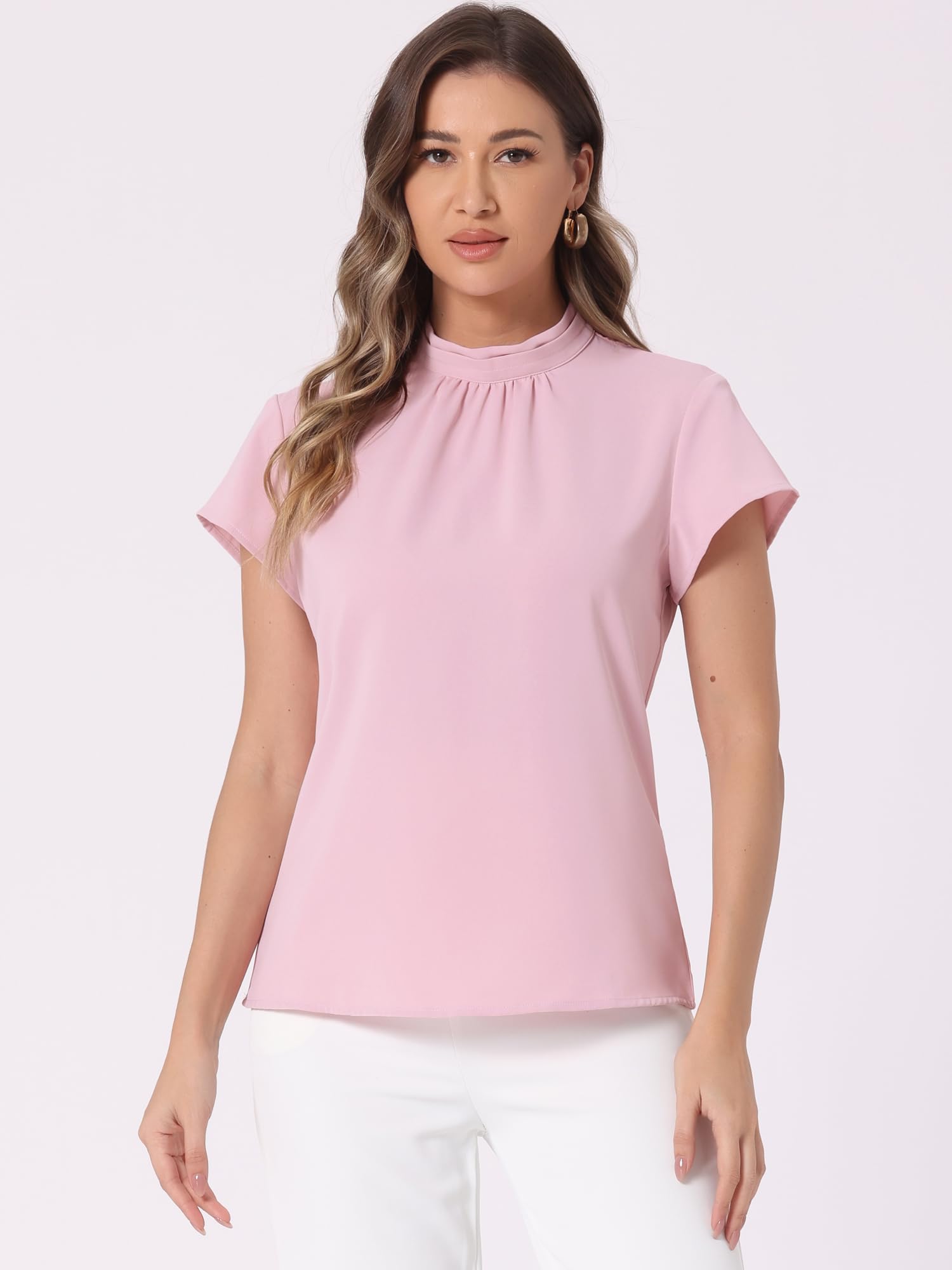 Allegra K Damen Bluse Sommer Kurzarm Stehkragen Chiffon Business Oberteil Flügelärmel Elegant Top