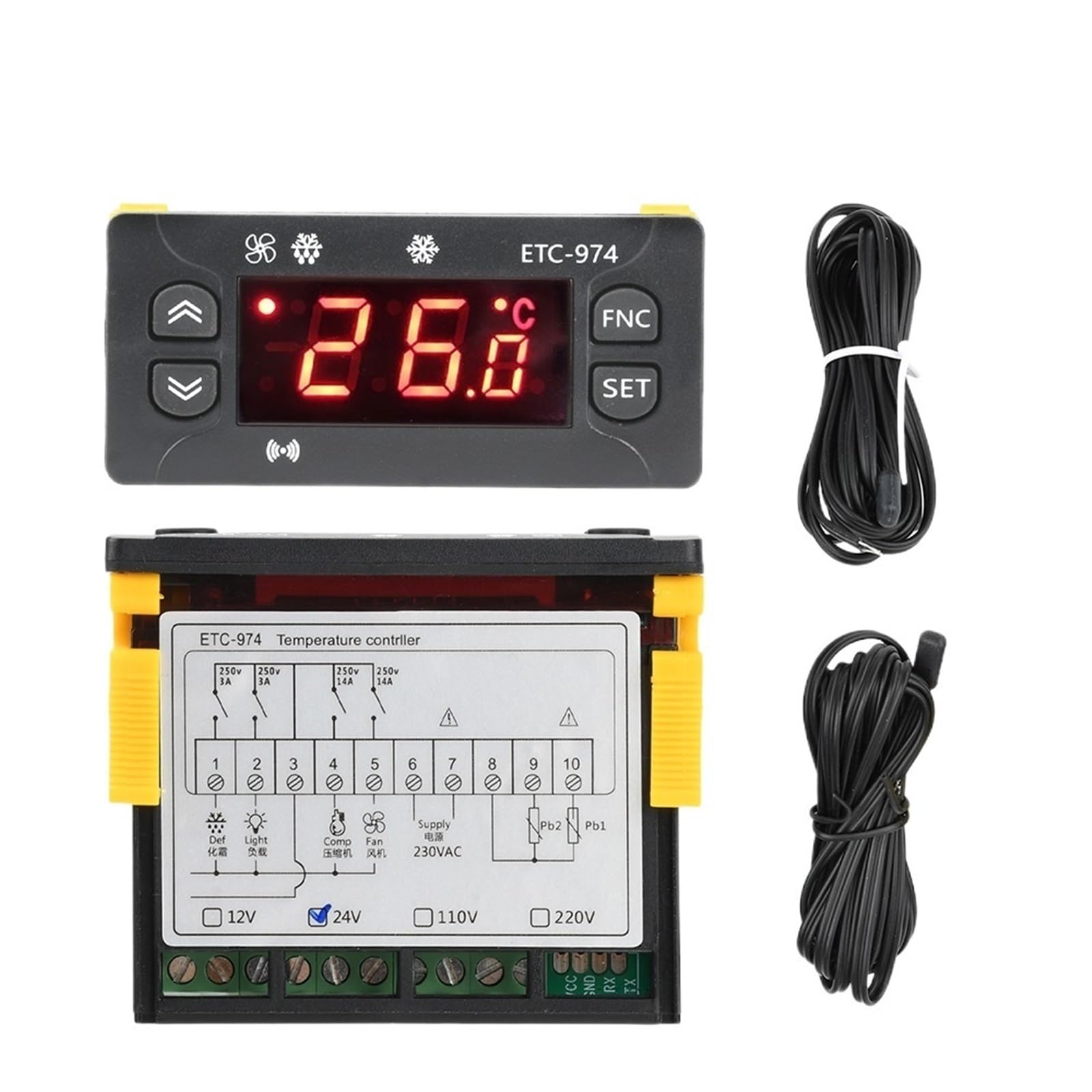 Nxvodcfys Dc24v Etc-974 Temperature Controller Refrigerator Defrosting Heating Control Thermoregulator With Dual Ntc Sensor 12V 24V 110V 220V(Dc24v)
