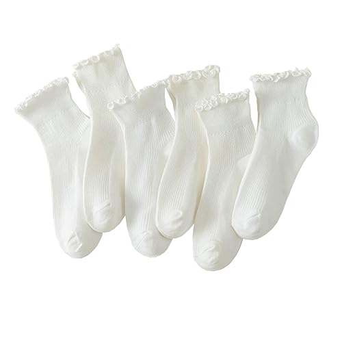 Hstyle 6 Pairs of Ruffle Socks Women, Cute Ruffle Ankle Socks - 5-9 - White
