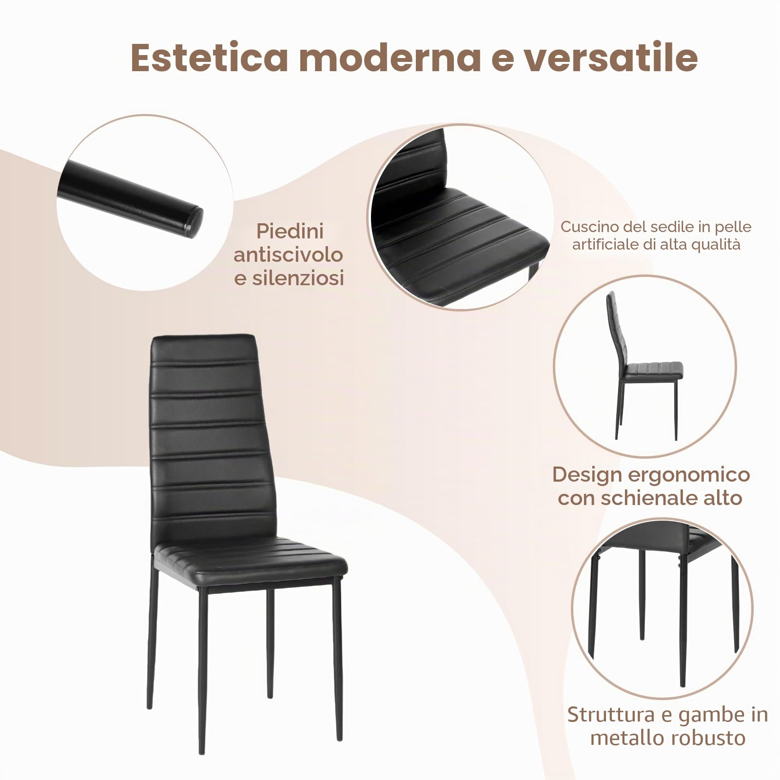 Set di 4 Sedie da Pranzo, Sedia da Pranzo Moderna con Schienale Alto, Sedia cucina moderna, rivestimento in similpelle e schienale alto - testate SGS - 120 kg, struttura in acciaio (nero, 4)
