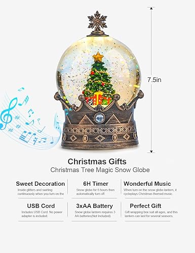 Miniatura 2 de Linterna de globo de nieve de Navidad de 7.5 pulgadas, caja de música con purpurina, USB y decoraciones alimentadas por batería (bolas de nieve de