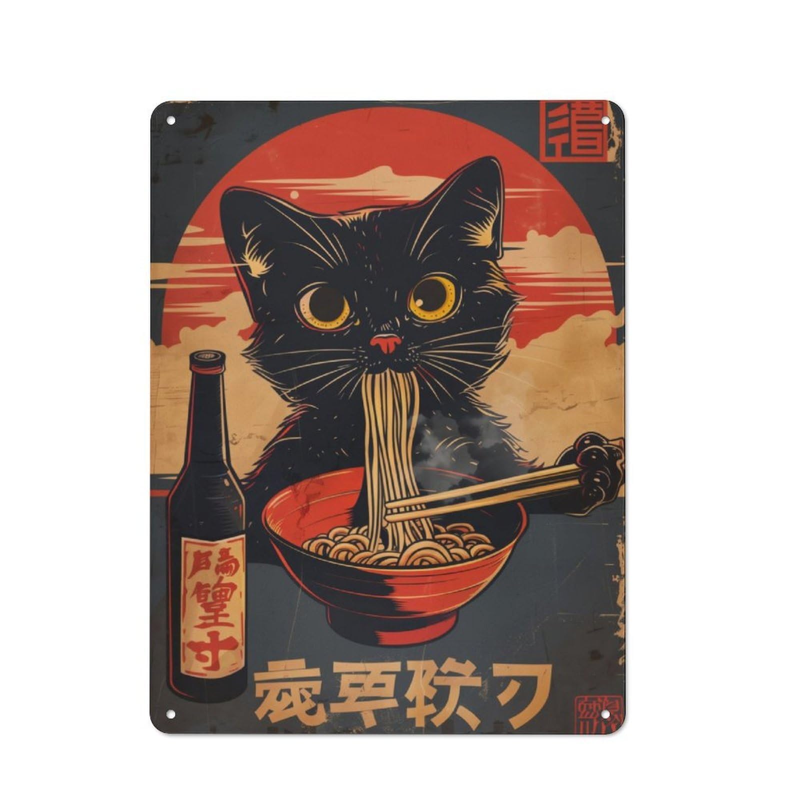 Junmoney Black Cat Ramen Vintage-Inspired Tin Sign 40X30cm For Garage Or Workshop, For Garage, Workshop And Man Cave Decoration