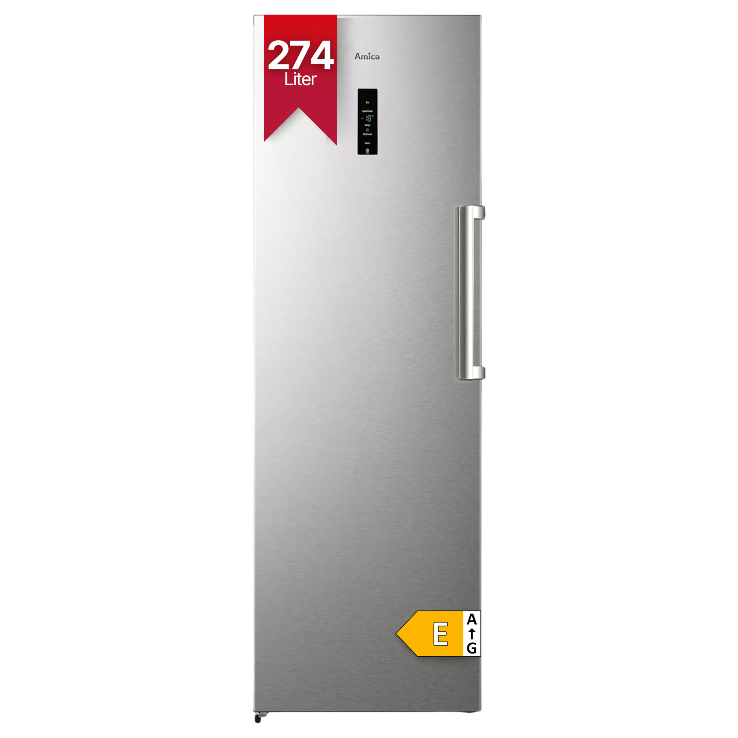 Amica Gefrierschrank freistehend 274 l Total NoFrost Inverter‑Kompressor LED‑Display Supergefrierfunktion 185,5 x 59,5 x 65,1 cm – Gefrierschrank Edelstahloptik