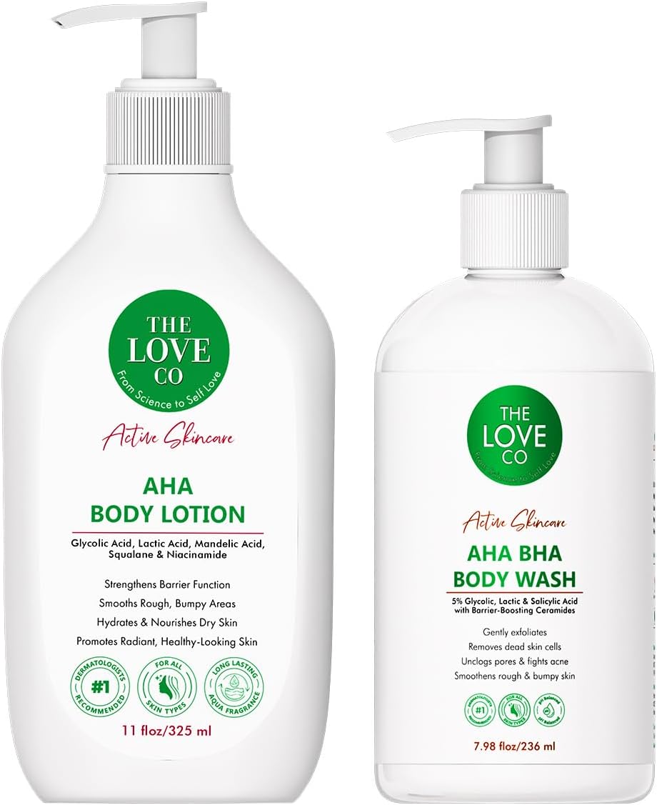 THE LOVE CO. 10% AHA & 2% BHA Body Wash + Body Lotion | Enriched with Niacinamide & Grapefruit | Targets Acne, Dark Spots & Rough Skin | Sulphate-Free, Unisex | Pack of 2