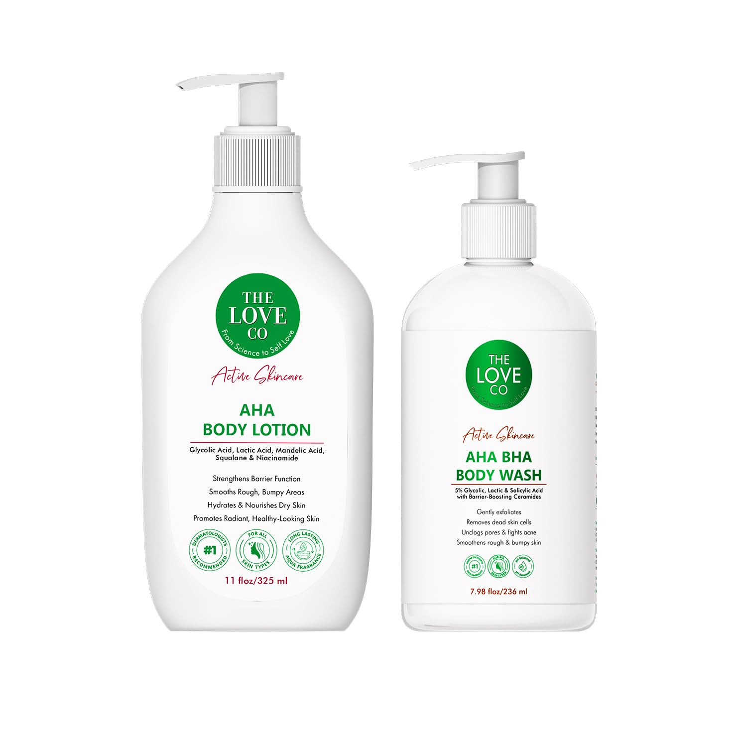 THE LOVE CO. 10% AHA & 2% BHA Body Wash + Body Lotion | Enriched with Niacinamide & Grapefruit | Targets Acne, Dark Spots & Rough Skin | Sulphate-Free, Unisex | Pack of 2