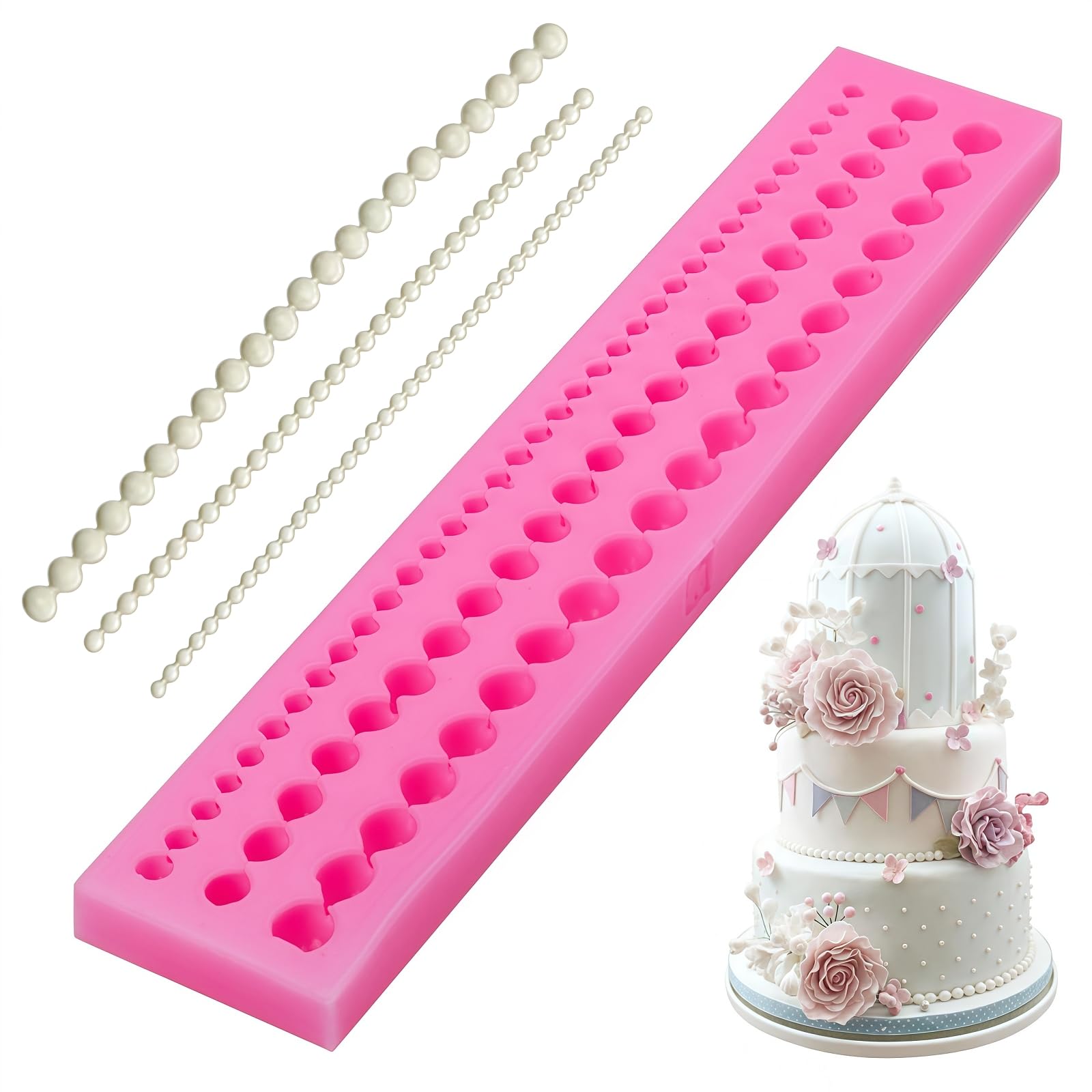 Samheng Pink Pearl Fondant Mould, 3 Sizes Silicone Bead Chain Moulds, Diy Sphere Candy Mould For Cake Decorating Wedding Birthday Valentine's Day