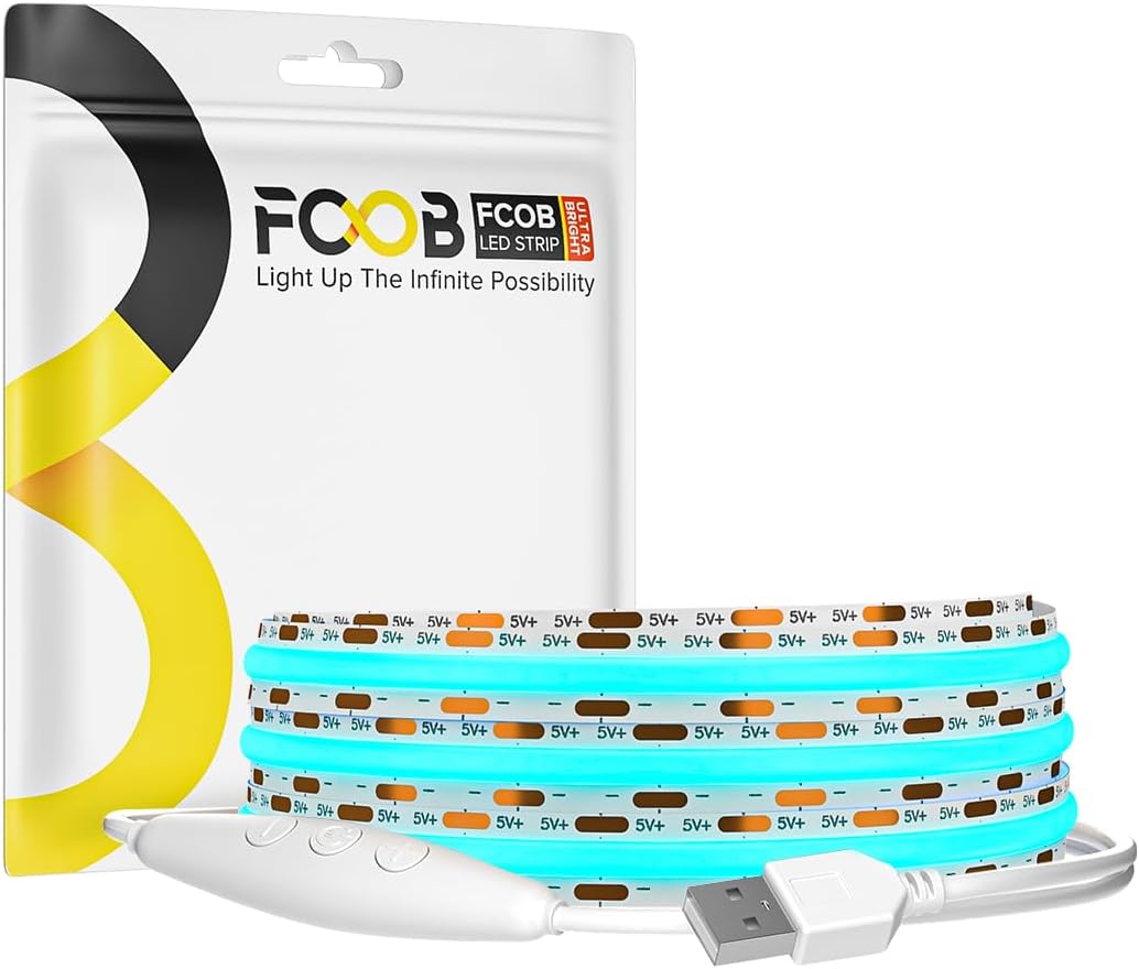 5V COB Ice Blue Led Strip Light 6.56FT USB Powered CRI90+ LED Tape Lights with Dimmer, 8mm Width Dimmable High Density Flexible Strips for TV Under Cabinet Bedroom