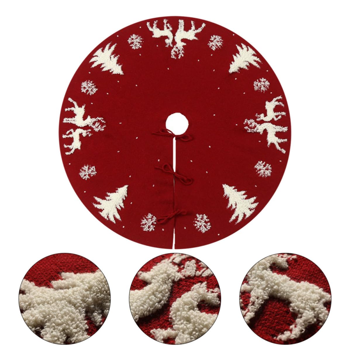 SHINEOFI Jupe de Sapin de Noël Décoration Festive Tricotée en Fibres Acryliques Rouge Motif 3D Cerf Tapis sous Sapin Élégant et Créatif pour Hôtels et Caves