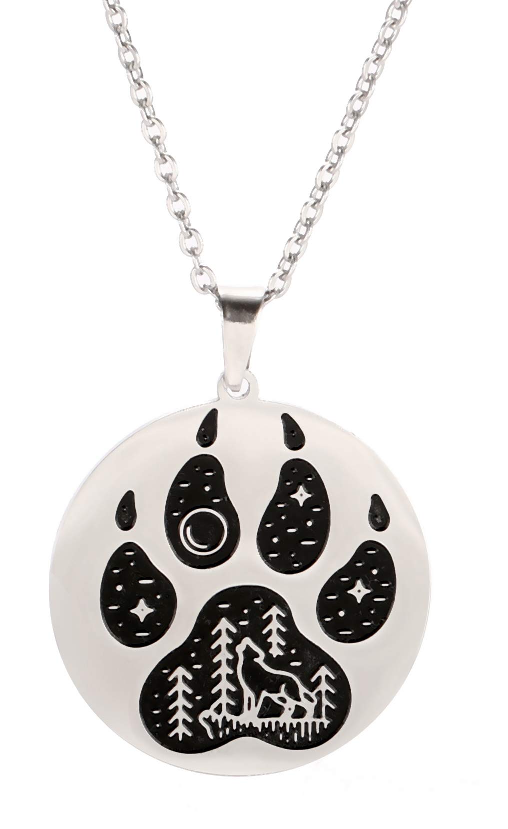 VASSAGO Stainless Steel Norse Viking Wolf Paw Print Pendant Necklace Engraved Moon Star Wolf Forest Black Plated Round Charm Necklaces for Men Women Teens
