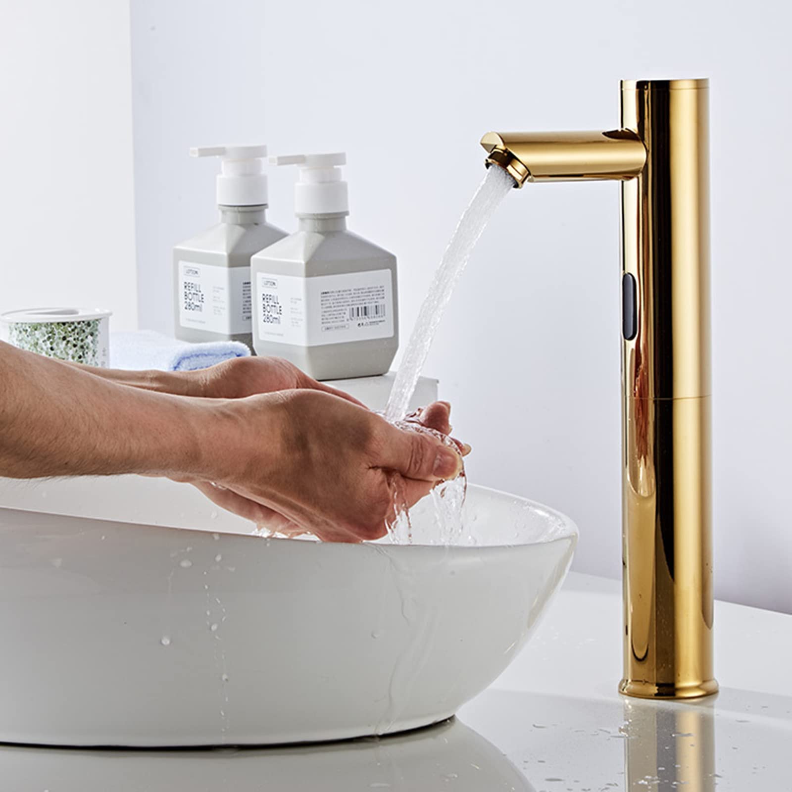 Grifo automático sin Contacto para Lavabo de baño - Elegante Grifo Mezclador Dorado, solución Inteligente para Lavabo de Agua fría, diseño Moderno y Alto para un Uso Sencillo.