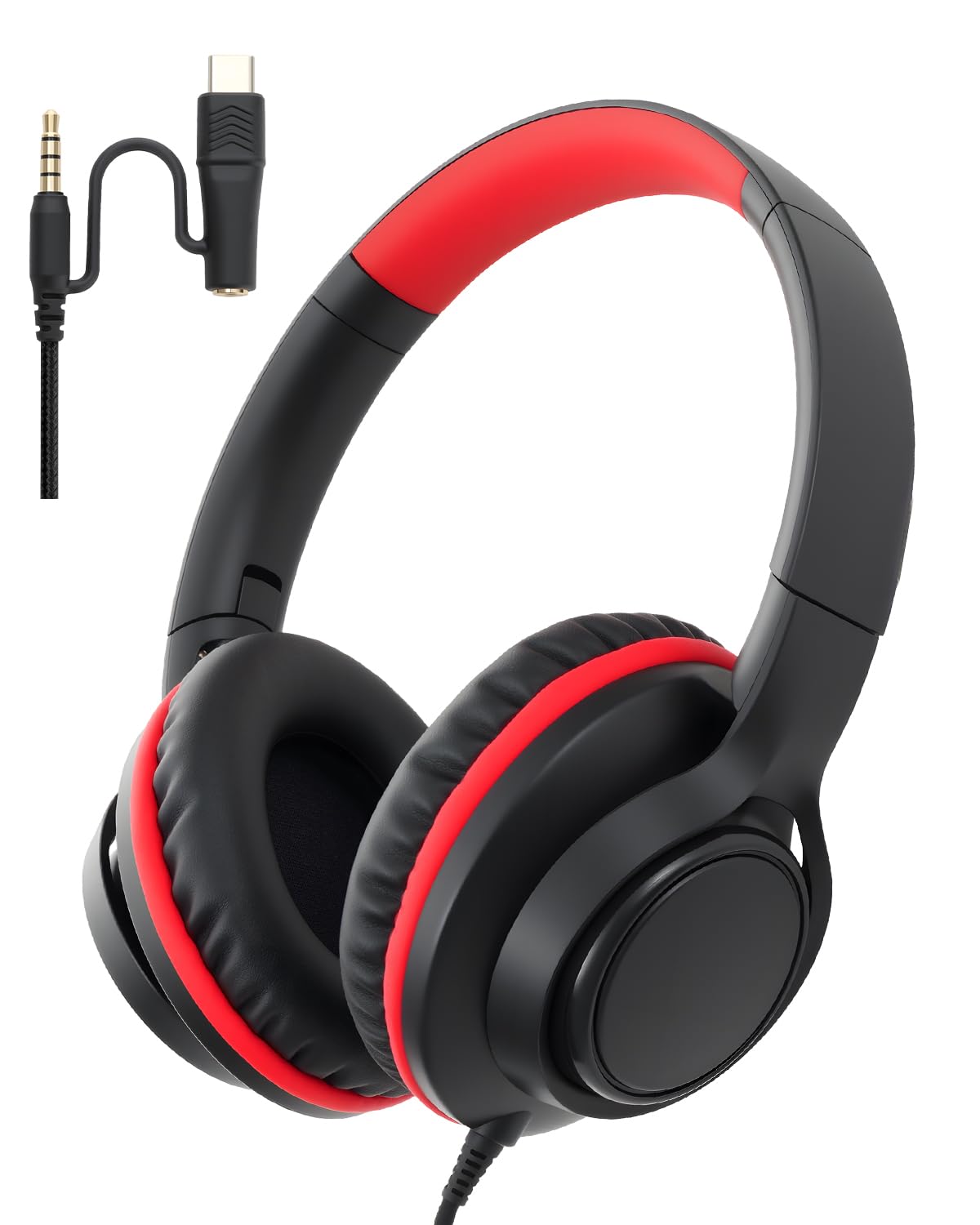 USB C & 3.5mm 2 in 1 Wired Headphones, Stereo Over Ear Headphones Black