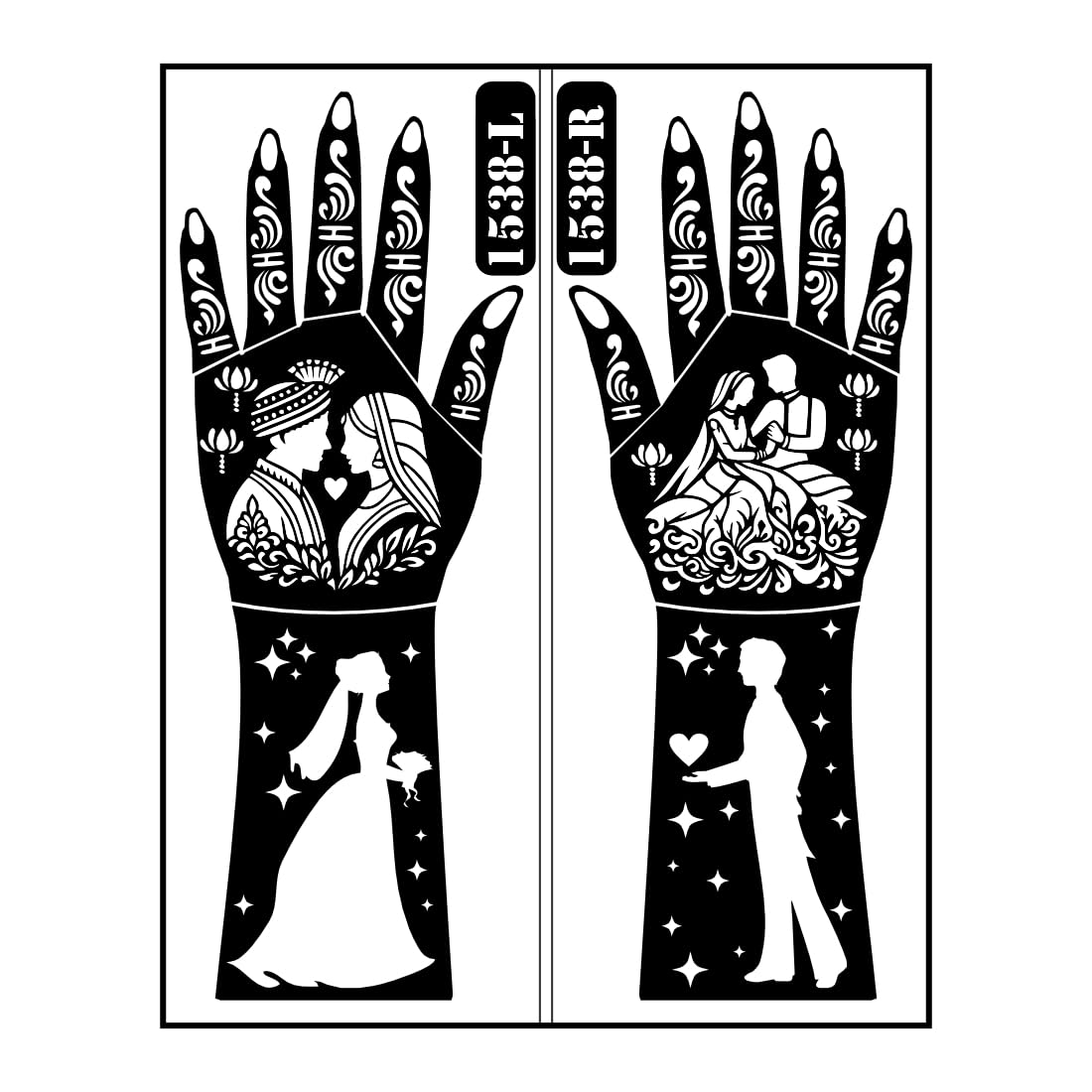 VOORKOMS Royal Wedding Couple Full Hand Mehndi Stencil Sticker with Bride and Groom Love Story Design for Elegant Henna Art-picture-30