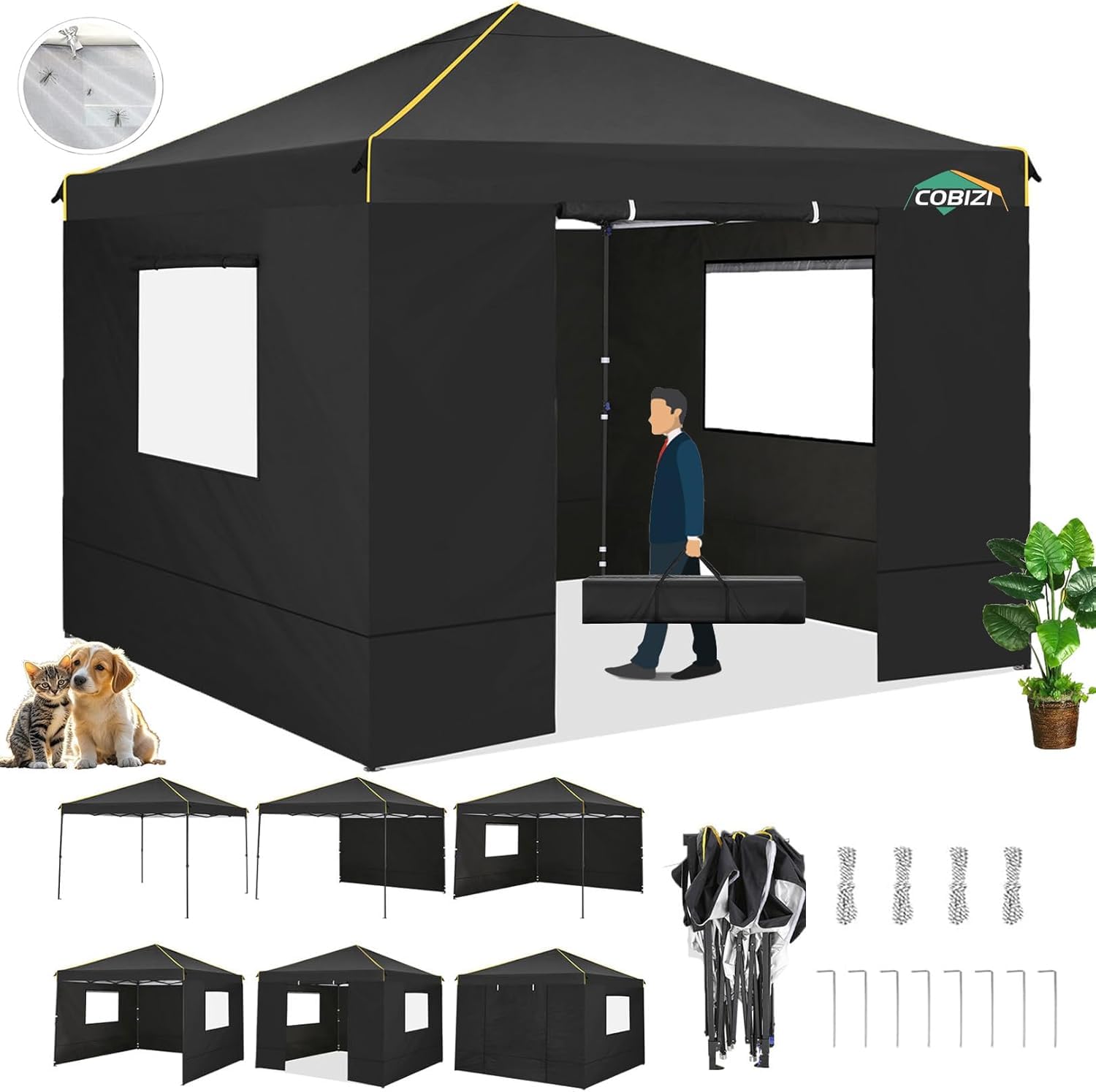 Photo 1 of ***STOCK PHOTO FOR REFERENCE ONLY*** NOT A POP- UP STYLE* MORE ASSEMBLY REQUIRED* COBIZI 10x10 Pop Up Canopy Gazebo with Mesh Windows 2.0, Easy up Canopy Tent 10x10, Portable Waterproof Outdoor Canopie with 4 Removable Sidewalls & Carry Bag & 4 Stakes & R