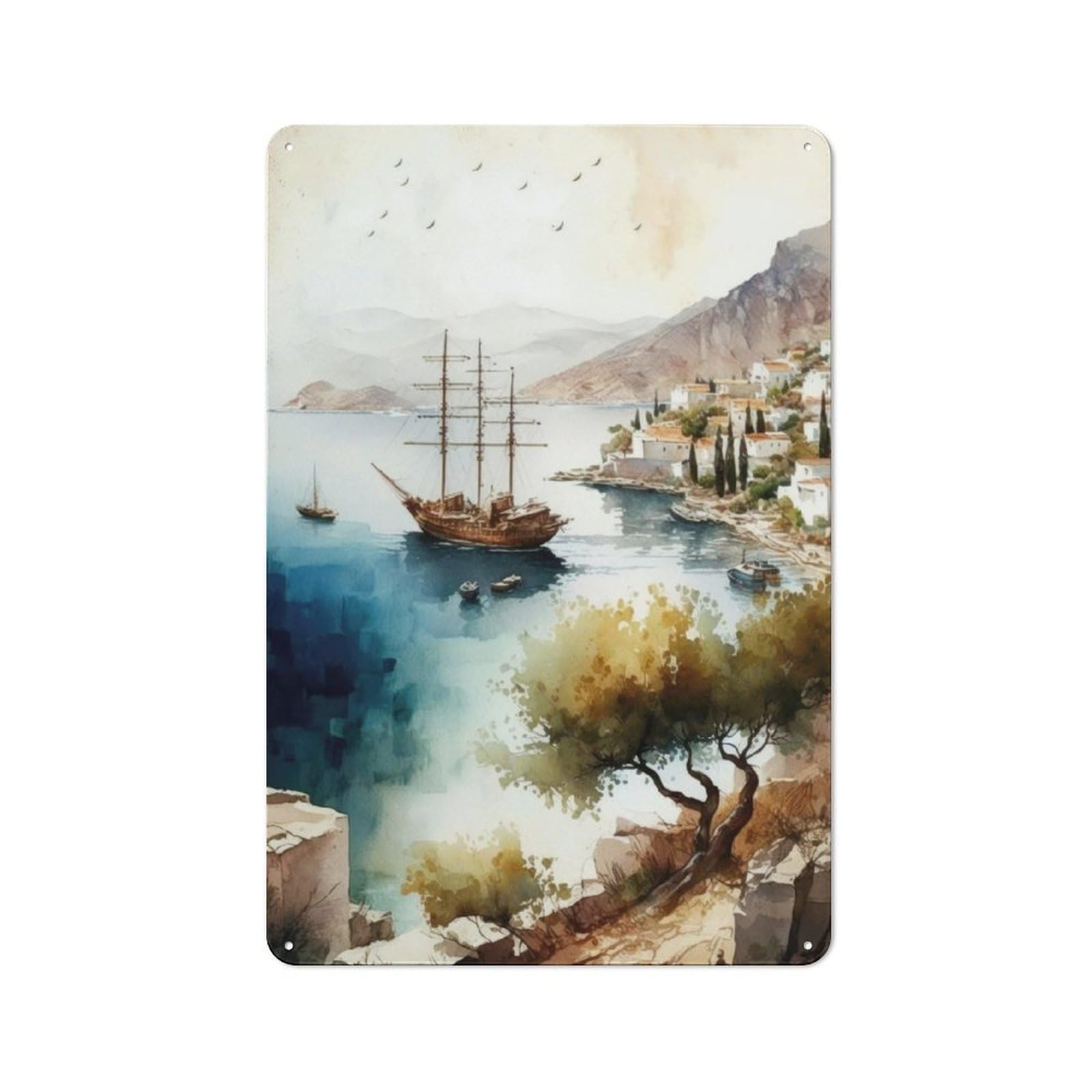 Junmoney Greek Coast With Ships Vintage Tin Sign 30X20cm With For Kitchen Or Home Bar, For Retro Home Interiors, For Cafés, Pubs And Restaurants