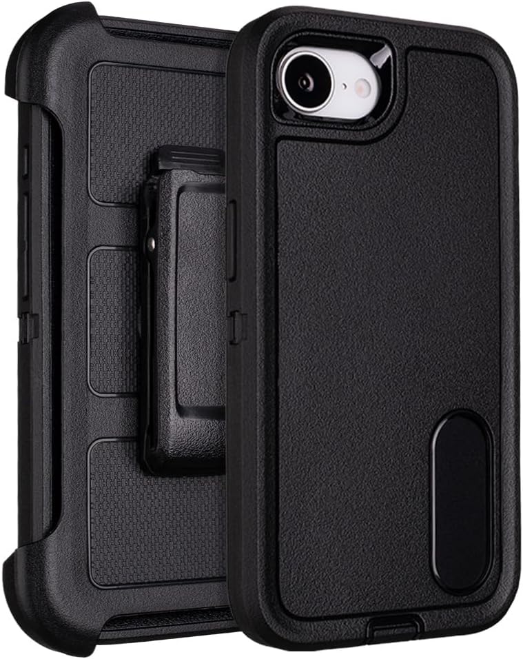 for Case iPhone 16e Case with Belt Clip Holster, Heavy Duty Protective Phone Cases for Work & Outdoor, Military-Grade Shockproof Cover with Kickstand, Dustproof Port Protection Clip (Black)