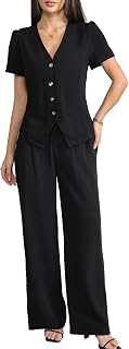 Women's Linen 2 Piece Outfits Summer Short Sleeve V Neck Shirts Dressy Casual Sets Wide Leg Pant Suits