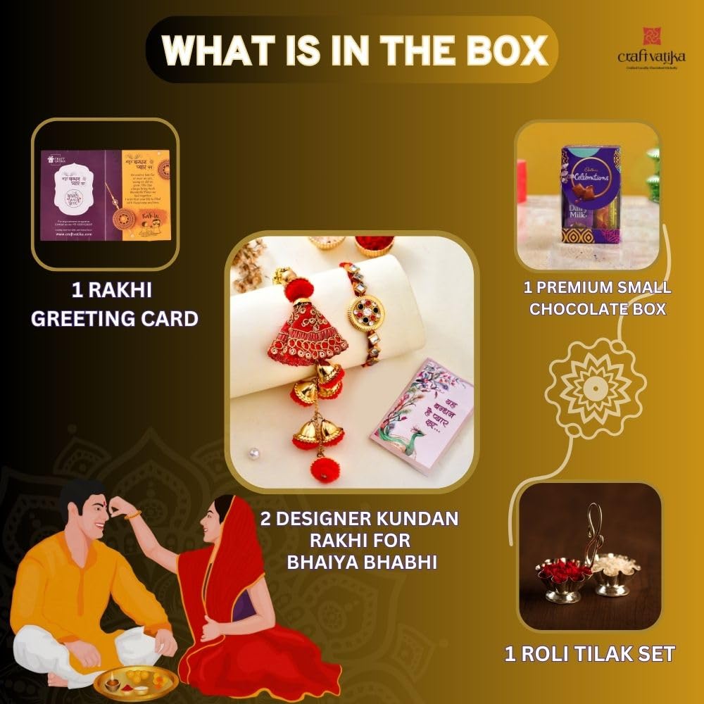 Rakhi Gift for Brother Bhabhi with Cadbury Celebration Chocolates Pack, Rakhi Gift for Bhaiya Bhabhi with Rakshabandhan Greeting Card, Stone Studded Beaded Floral Rakhi for Brother Bhabhi with Cadbury,Greeting Card, Tilak set 1