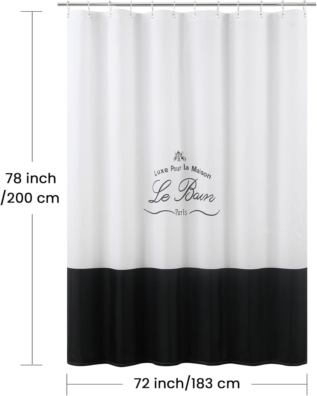 Long Fabric Shower Curtain, White and Black Shower Curtains for Bathroom, Waterproof Bathroom Curtains, 72" W x 78" H