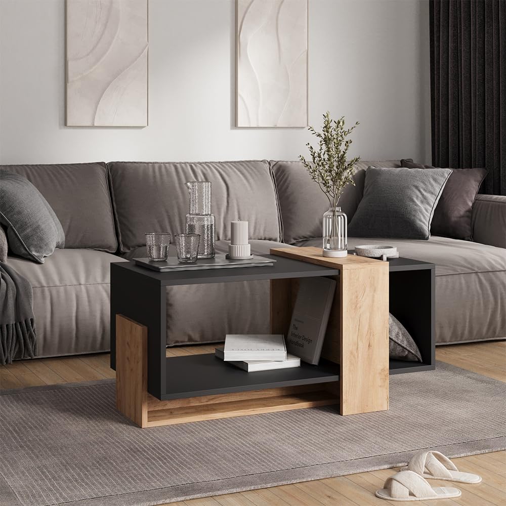 Vicco Couchtisch Aven, Anthrazit/Goldkraft Eiche, 91.8 x 49 cm | mit offener Ablagefläche zur Aufbewahrung von Alltagsgegenständen