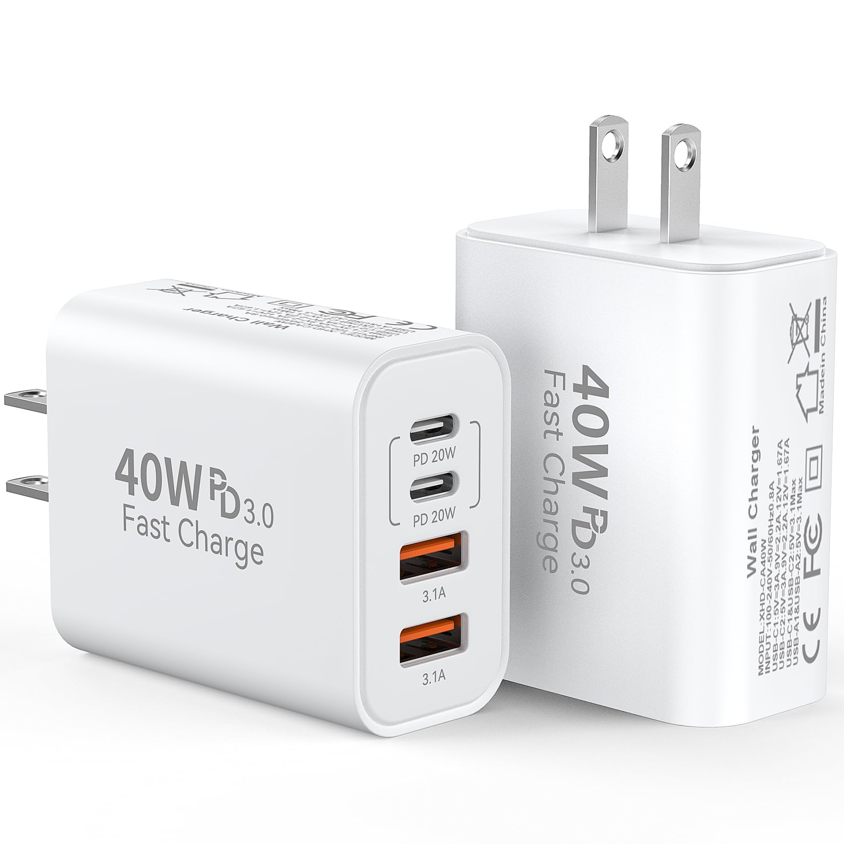 USB C Fast Charger Block, 40W 4 Ports USB C Fast Charging Block PD Power Adapter+QC 3.0 USB Wall Charger Plug Cube Multi-Port Type C Brick Box for iPhone 16/15/14/13/12 Pro Max, iPad, Samsung, 2Pack