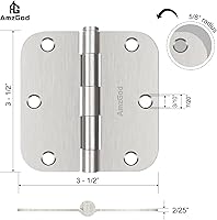 Vista 5 de Bisagras de puerta de níquel cepillado, paquete de 3 bisagras redondeadas de níquel satinado de 3.5 pulgadas para puerta interior con radio de 5/8