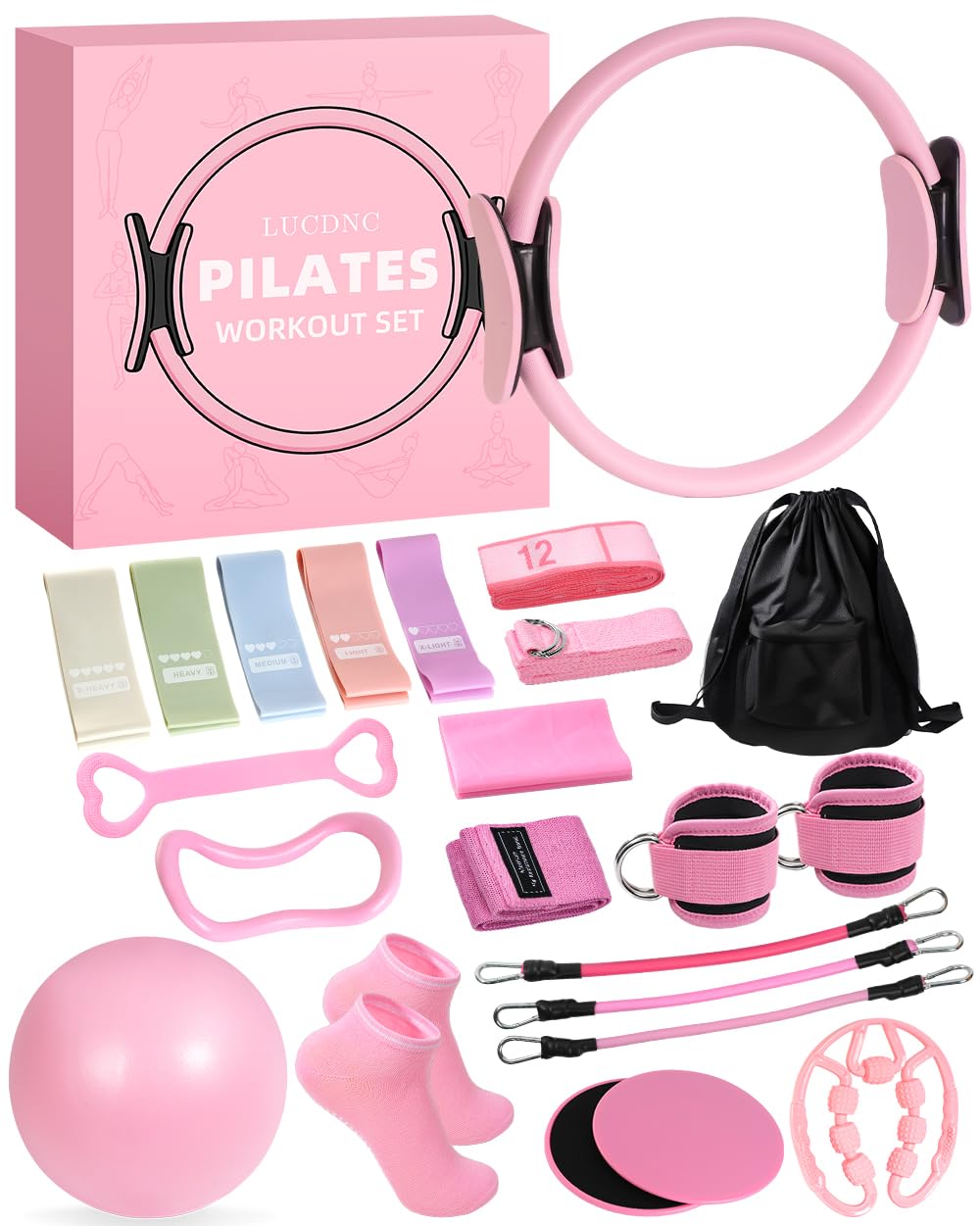 lucdnc Pilates Kit for Home 24 Pcs, 14" Circles & 8" Yoga Ball | Resistance Band for Ankle, Back, Legs, Glutes, Equipment for Home Gym & Travel Fitness