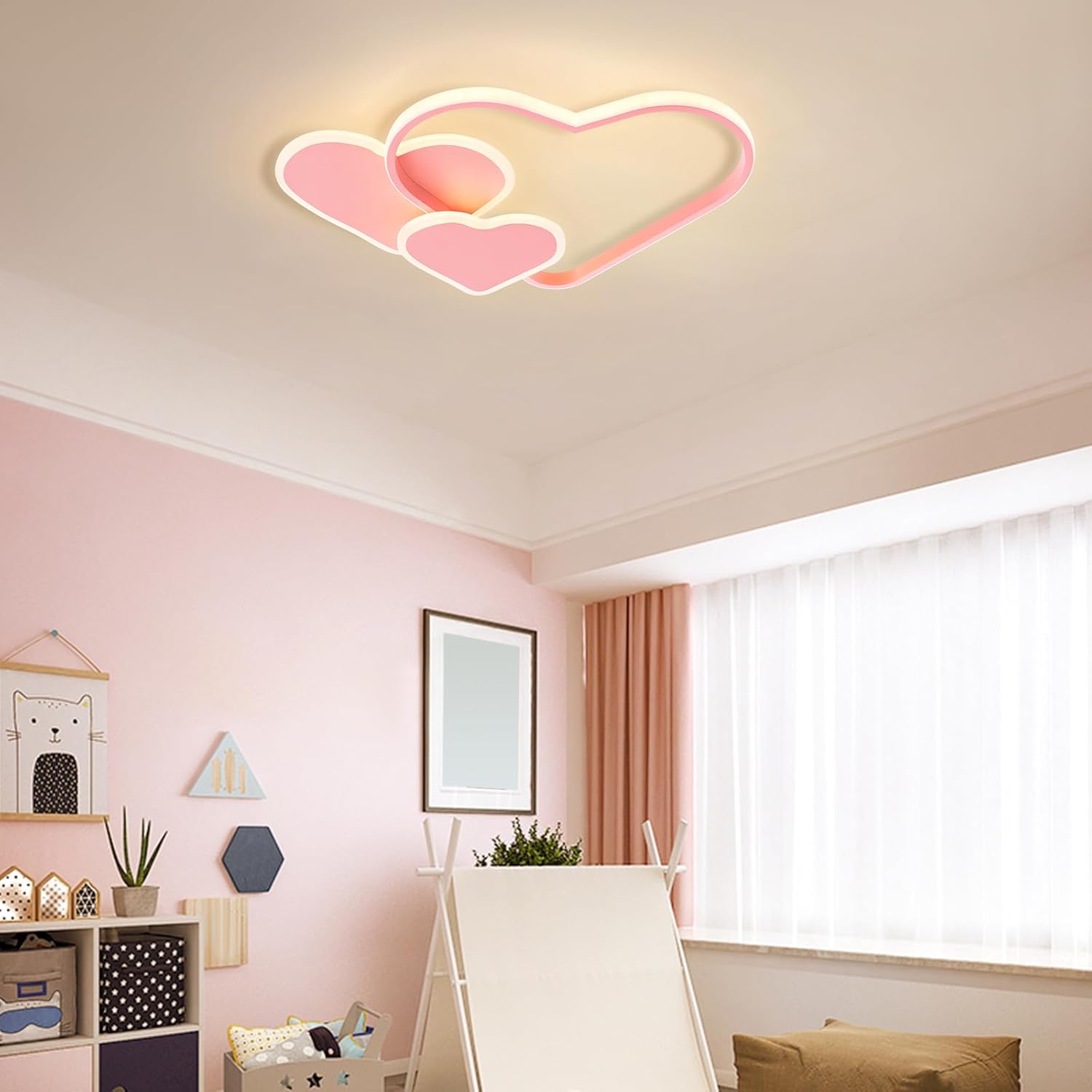 110V Romantic Heart Ceiling Light for Girls Bedroom, Dimmable LED Flush Mount with Remote, 36W Pink Acrylic Shade, for Living Rooms, Kitchens, Dressing Rooms