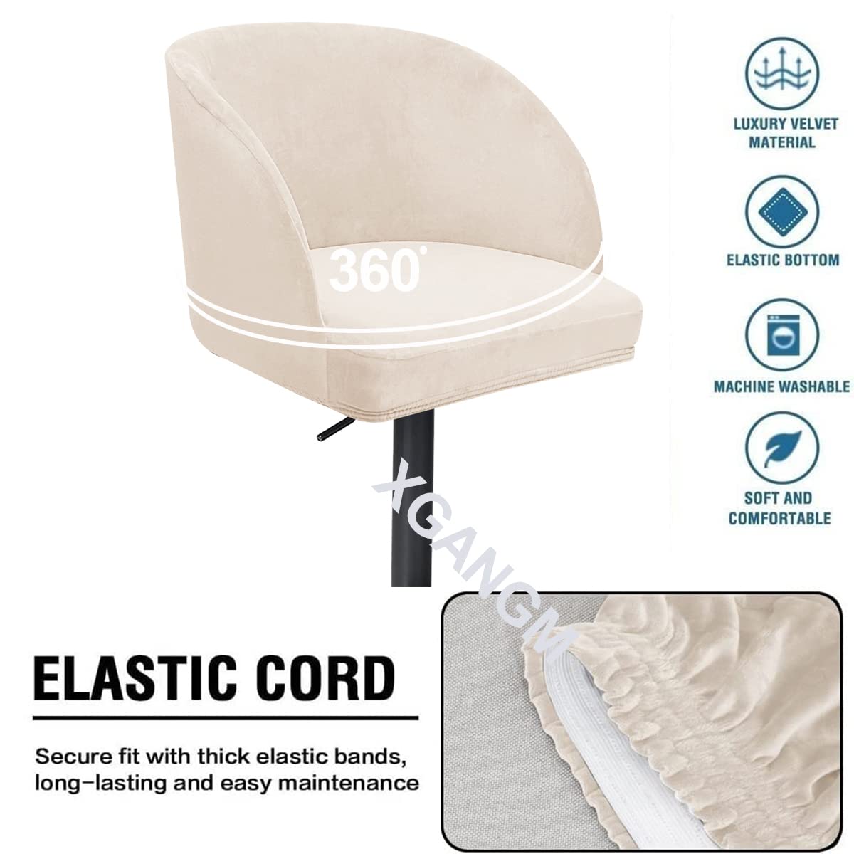 Funda Taburete Bar Extensible Terciopelo con Respaldo Redondo y Brazos, Funda Decorativa giratoria para Bar Cocina,Beige,2 Piezas