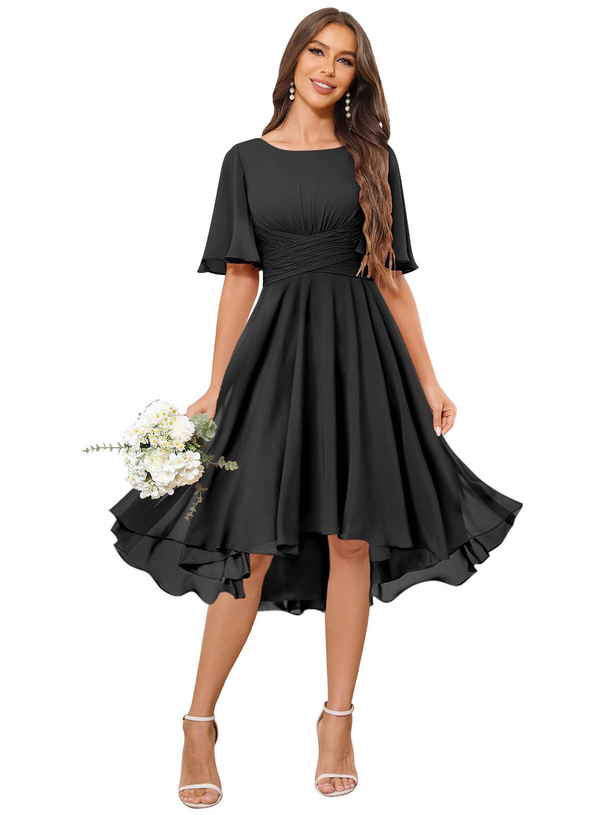 SOLODISH Short Bridesmaid Dresses with Sleeves A Line Pleated Chiffon Formal Wedding Guest Party Gown