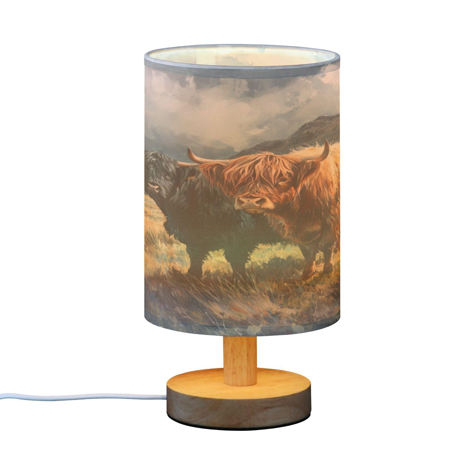 SDMKA Highland Cattle Pattern Bedside Table Lamp for Bedroom, Minimalist Nightstand Lamp with Round Fabric Shade for Living Room, Office, No Bulb Required