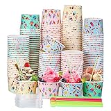 Yaomiao 600 Pcs 8 oz Paper Ice Cream Cups with Spoons and Straws Totally 200 Set Disposable Ice Cream Sundae Bowls Bulk Summer Bar Supplies for Birthday Luau Party