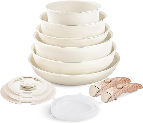 Juego de utensilios de cocina antiadherentes, juego de ollas y sartenes apilables con mango desmontable, utensilios de cocina de granito, mango