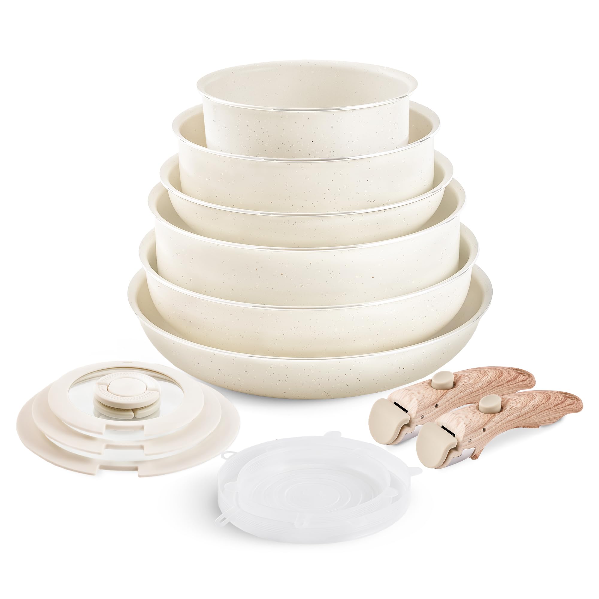 Nonstick Cookware Set - YIIFEEO Stackable Pots and Pans Set Detachable Handle Camping Cookware Granite Kitchen Cookware Sets Removable Handle, Non Toxic Nonstick Frying Pans for Cooking Set Gift Beige