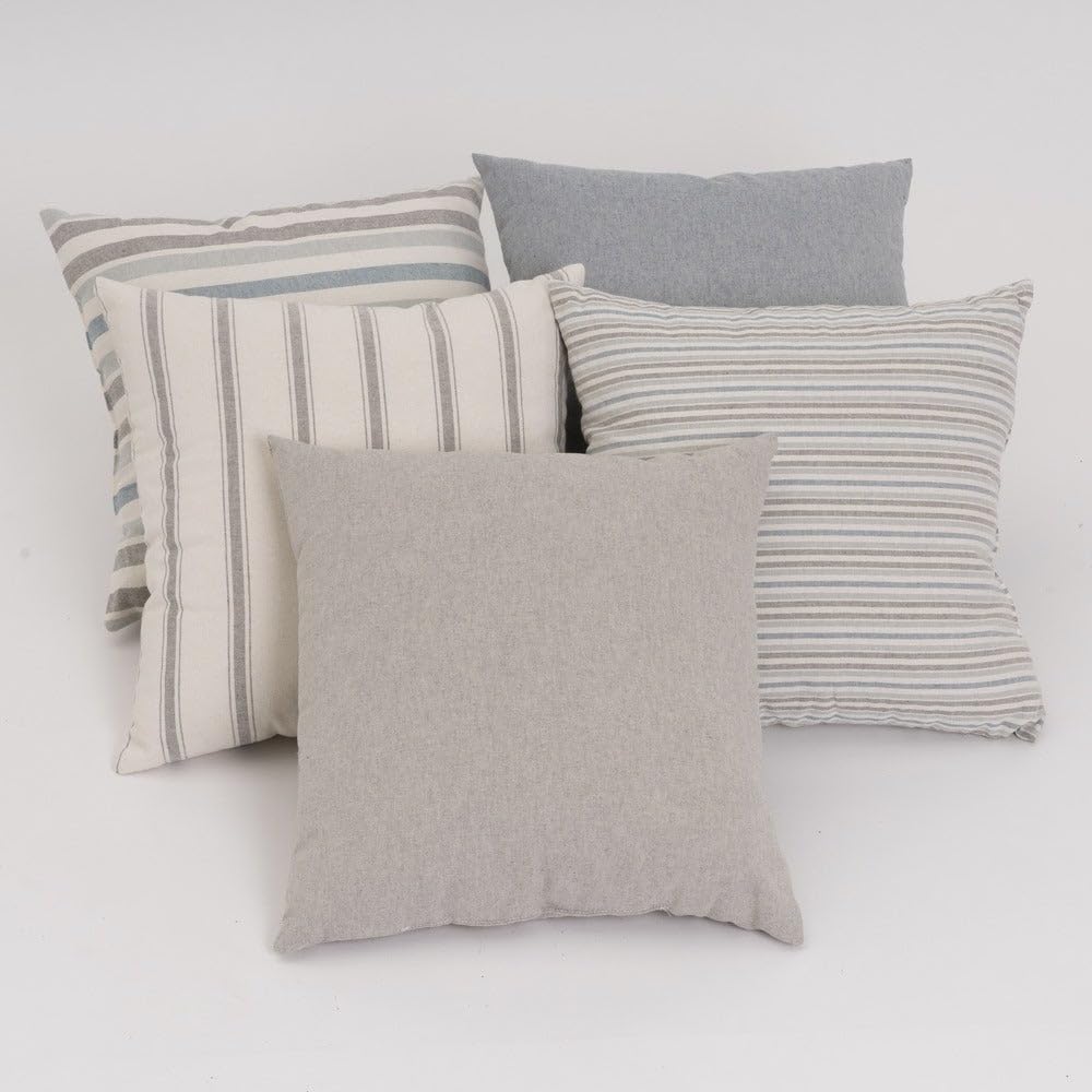 LOLAhome 5 Cojines de Rayas Azul y Gris de algodón de 45x45 cm con Relleno