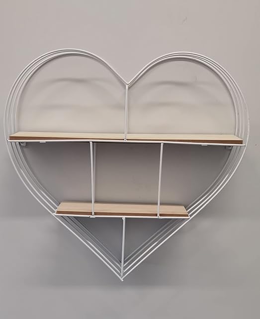DEENZ 50Cm Heart Wall Shelf Mount Storage Floating Hanging Display Rack Art Décor 5Mm Metal Wood Bookshelf (White)