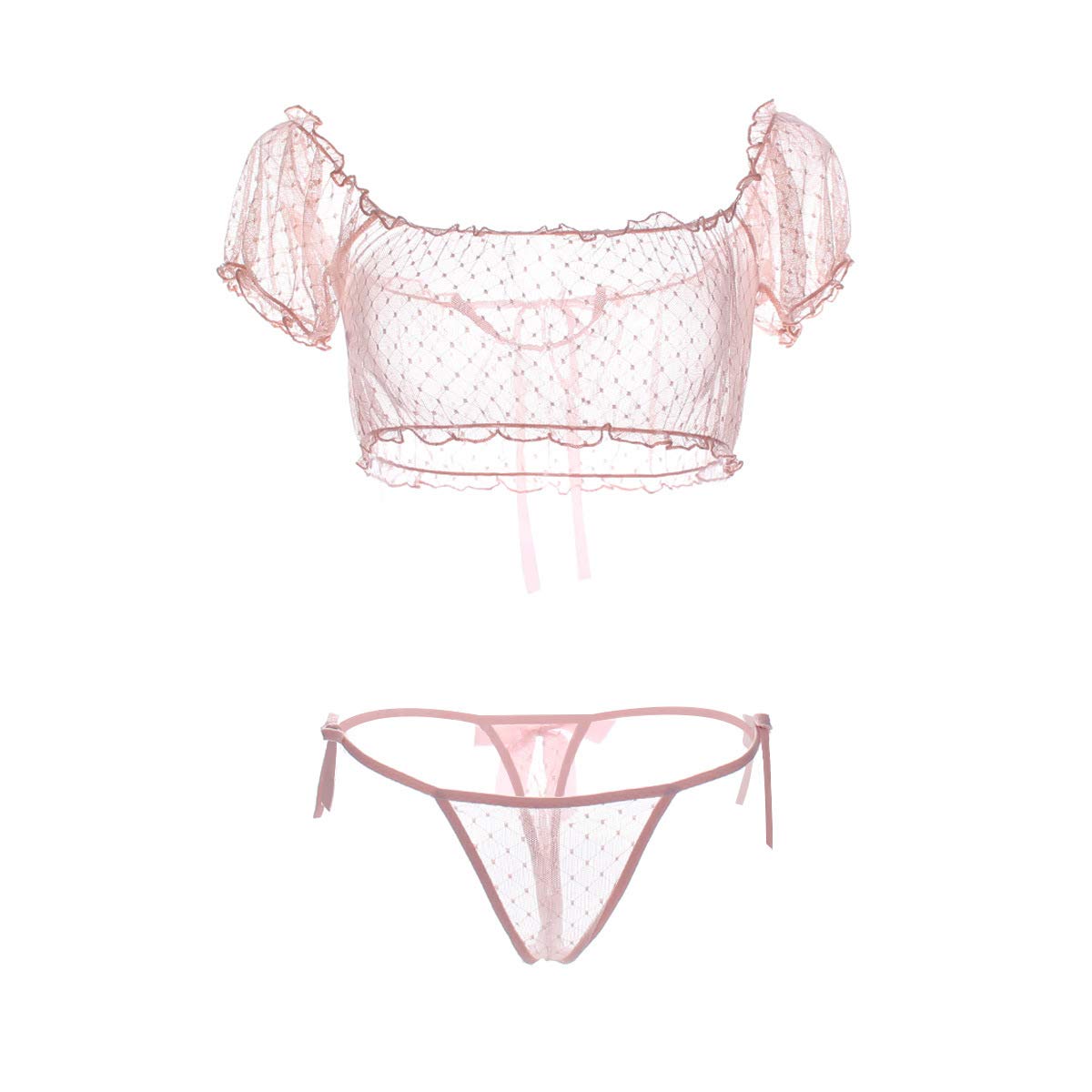 Ladies Underwear Set Three-point Lace Sexy Tube Top Hollow Set Silk satin pajamas underwear (Color : Pink, Size : Medium)