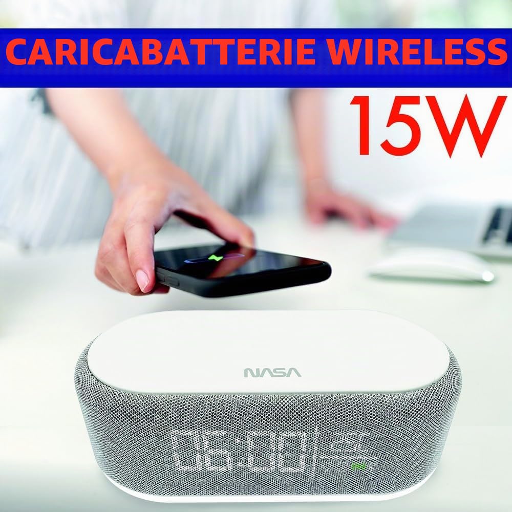 Nasa SPC400 Sveglia Bluetooth 5.0 con 2 Altoparlanti Stereo 5W RMS, Ricarica Wireless 15W, Doppio Allarme, Luce LED 3W, USB-C, Bianca/Grigia
