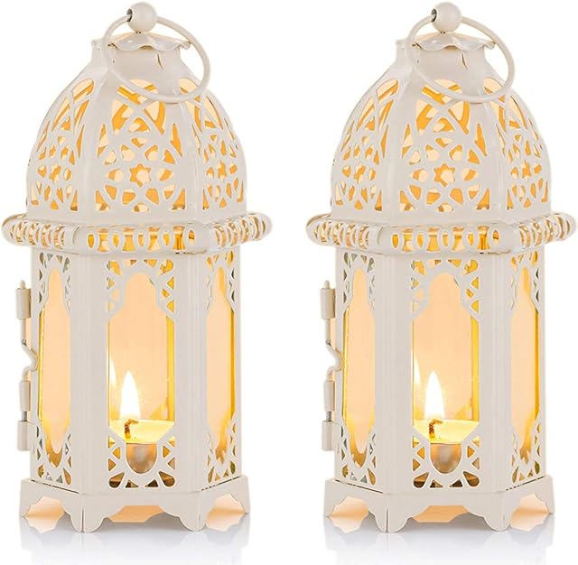 NUPTIO 2 Pcs Moroccan Style Candle Lantern - Small Sized Tealight Candle Holder with Transparent Glass Panels, Tea Light Holders for Patio Indoors Outdoors Events Christmas Parties Weddings, White