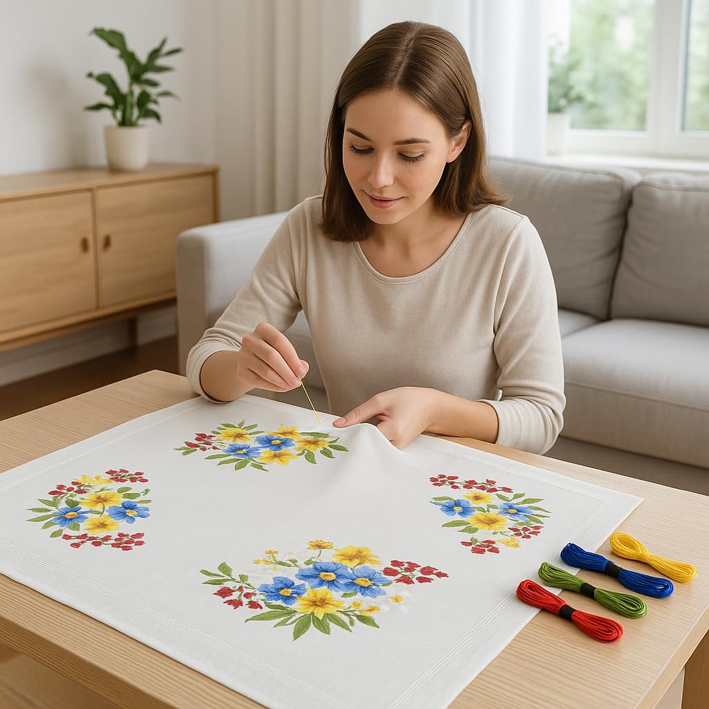 KAMACA Stickpackung Tischdecke Plattstich Stielstich Blumen vorgedruckte Stickdecke inkl. Stickgarn Stickvorlage und Anleitung Stickset zum Selbersticken für Erwachsene (Alpenblumen MD 80x80 cm)