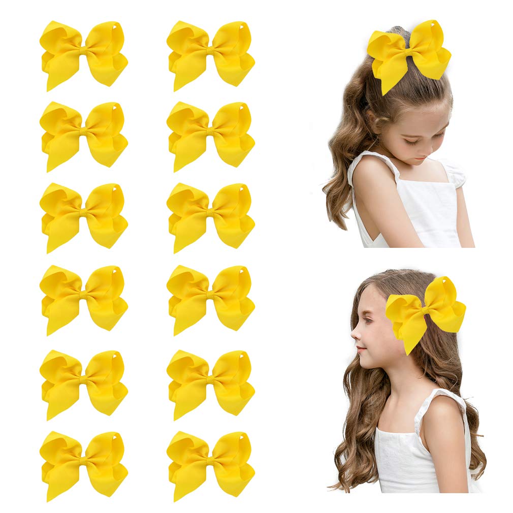 DEEKA 12 PCS 6" Big Hand-made Grosgrain Ribbon Hair Bow Alligator Clips Hair Accessories for Little Teen Toddler Girls - Yellow