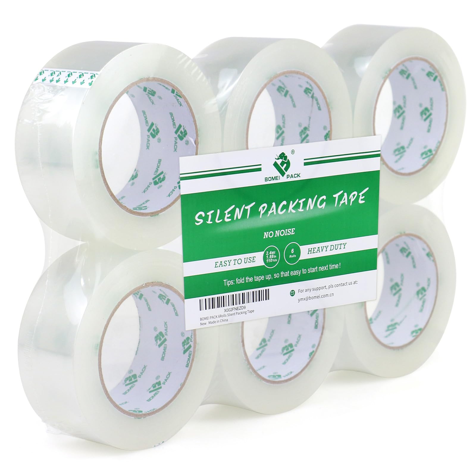 BOMEI PACK Silent Packing Tape, 2.4Mil x 1.88” x 110yds, Heavy Duty Clear Packaging Tape for Moving Boxes, 6 Rolls